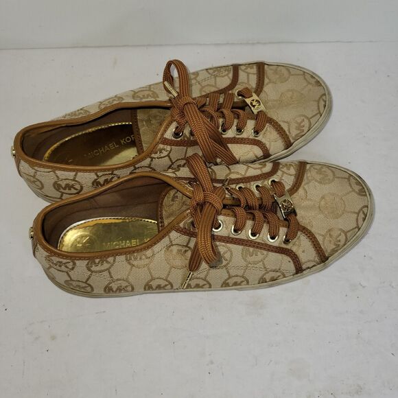 Michael Kors Womens Sz 9.5 M Brown MK Monogram Canvas Beige Sneakers Preppy Gold - Picture 6 of 14